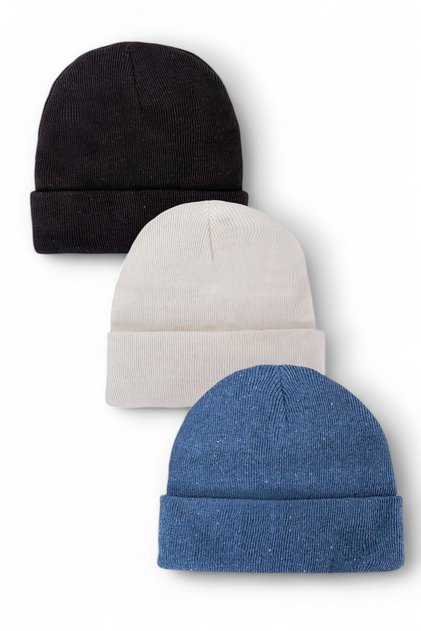 Unisex Folded Black, White, İnidgo 3-Piece Beanie Set