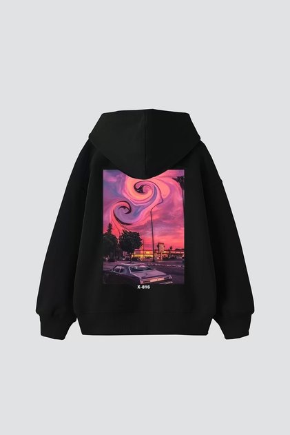 Hanorac negru unisex oversize cu imprimeu pe spate Summer Love
