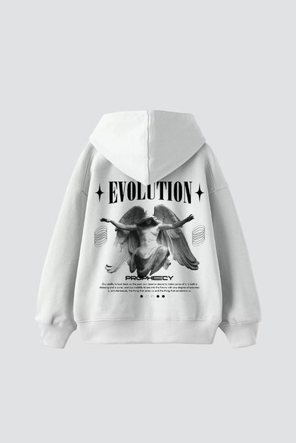 Evolution Printed Oversize Unisex Hooded White Hoodie