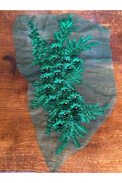 Embossed Stone Beaded Lace Applique on Tulle Green