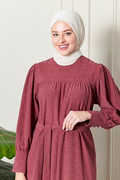 fistan Ribbed Knit Thin Velvet Fabric Belted Belted Winter Overbust Robadan  Princess Sleeve Hijab Dress- Trendyol