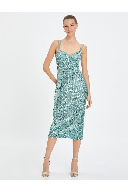 Sequined Midi Pencil Dress Thin Double Straps Heart Collar