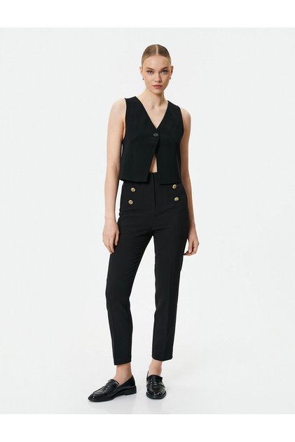 Cigarette Fabric Pants High Waist Gold Buttoned