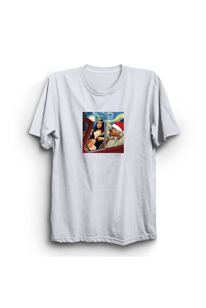 Van Gogh and Mona Lisa's Christmas Party - White Unisex 100% Cotton T-Shirt