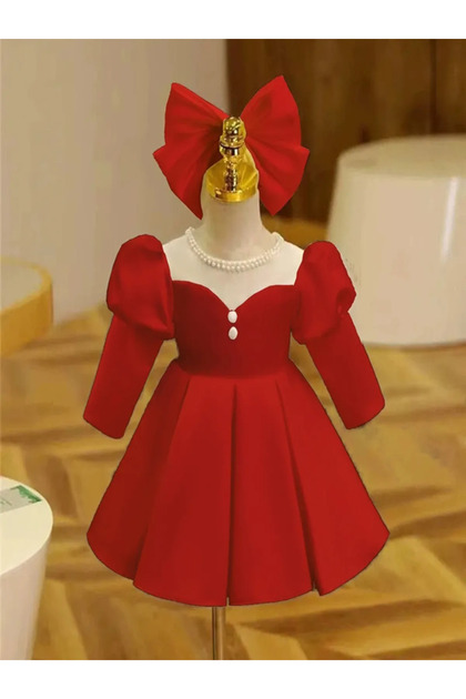Special Design Red Long Sleeve Pearl Detailed Girl's Evening Dress