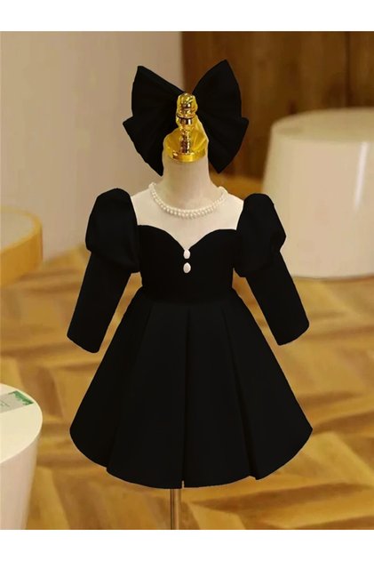 Special Design Black Long Sleeve Pearl Detailed Girl's Evening Dress