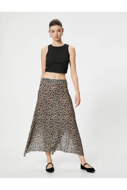 Asymmetric Cut Leopard Midi Skirt