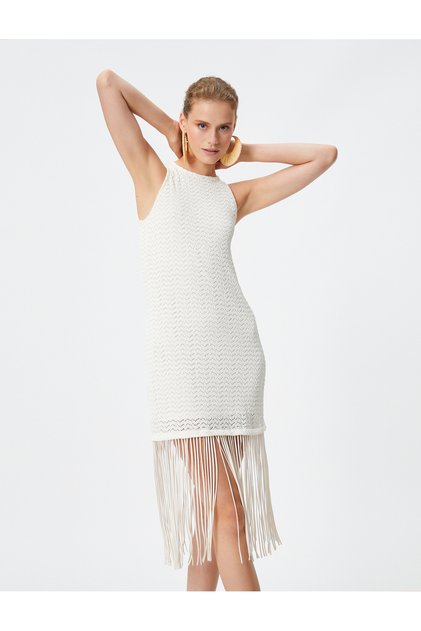 X Şahika Ercümen - Tasseled Halter Neck Openwork Dress