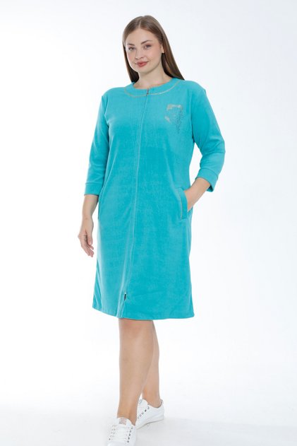 Rochie de damă, turcoaz, cu fermoar, mâneci trei sferturi, buzunare, cu aplicații din bumbac, mărime mare