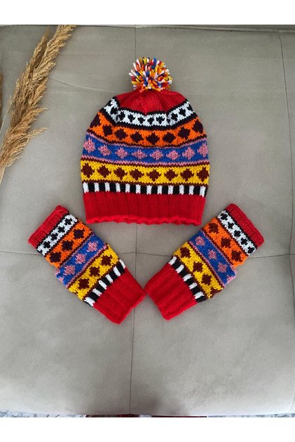 El Örgü Bere Eldiven Set Kışlık Sıcak Tutan Yetişkin seti