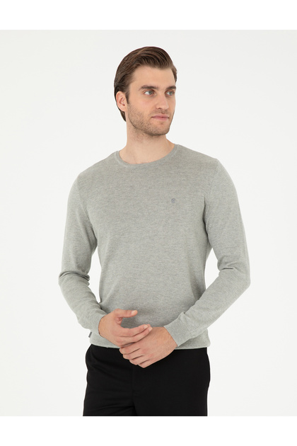 Light Gray Melange Slim Fit Crew Neck Basic Knitwear Sweater 50296621-Vr091