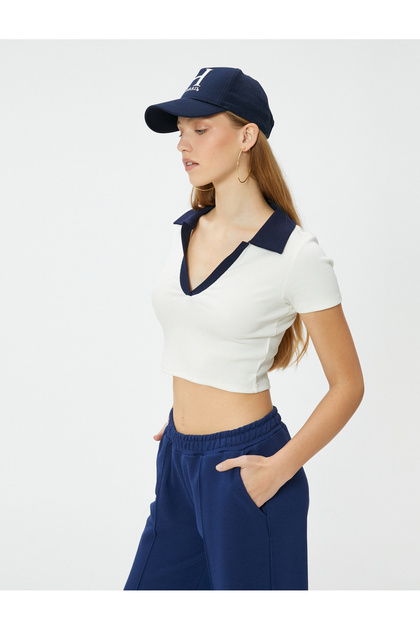 Polo Yaka Crop Tişört Renk Kontrastlı Kısa Kollu Slim Fit
