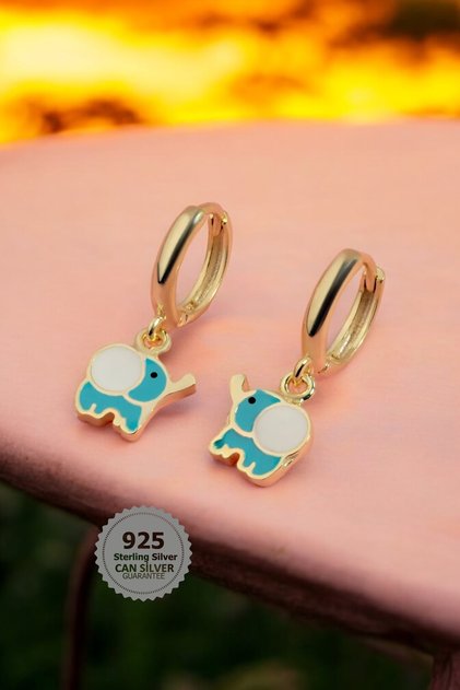 Gümüş Mineli Fil Figürlü  Çocuk Küpesi- 925 Ayar Çocuk Küpe- Gold Küpe Çocuk