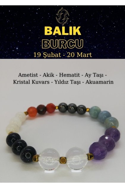 Pisces Bracelet Amethyst, Agate, Moonstone, Crystal Quartz, Aquamarine, Star Stone, Hematite