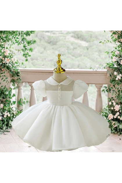 Special Design White Short Balloon Sleeve Shirt Collar Detailed Girls' Evening Dress