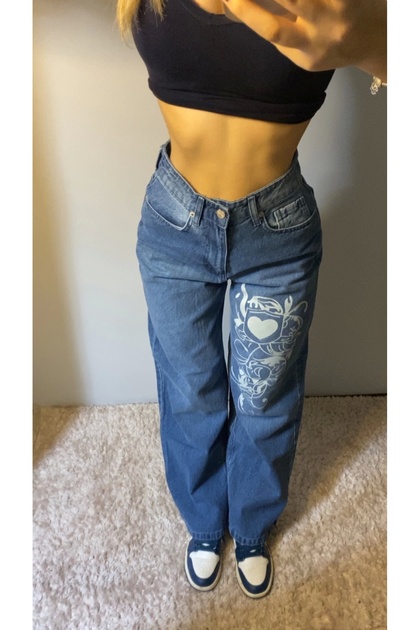 Kalp Modelli Mavi Bol Paça Pantolon