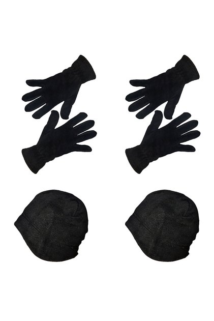Men's 4-Piece Double Layer Beret Fleece Black Winter Gloves with Ears Beanie Head Scarf Set Set Thermal