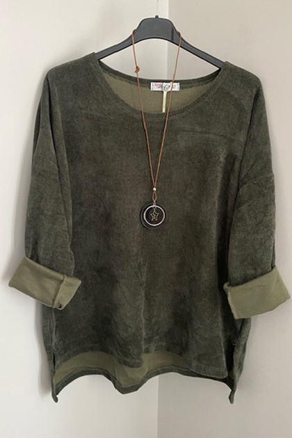 Women's Italian Khaki Necklace Accessory Loose Overseize Long Sleeve Velvet Blouse Tunic