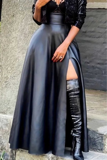 Leather Slit Long Skirt Flared Bell Skirt