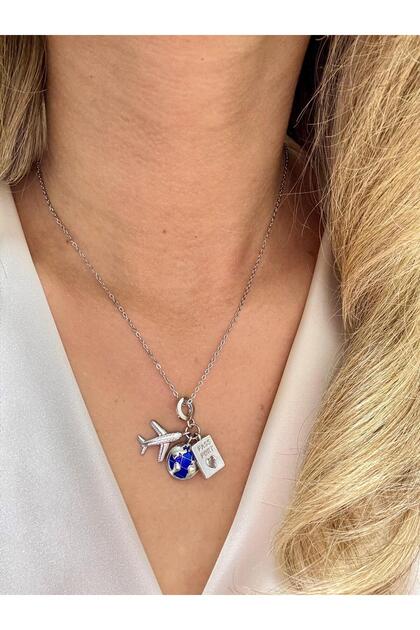 Steel Travel Detailed Airplane World Passport Necklace