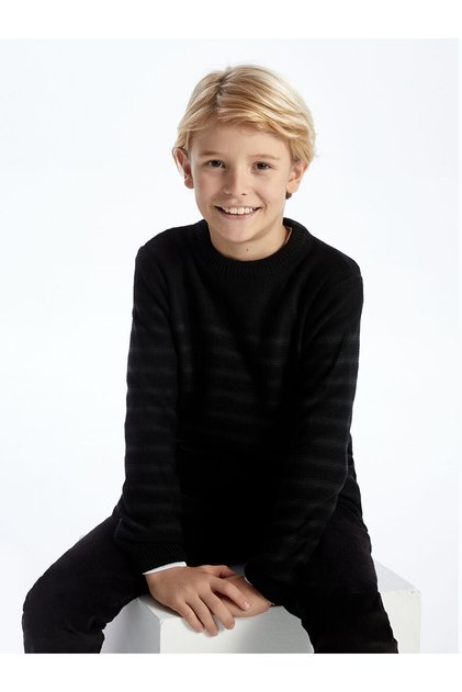 Anthracite Crew Neck Striped Long Sleeve Boys' Knit Sweater