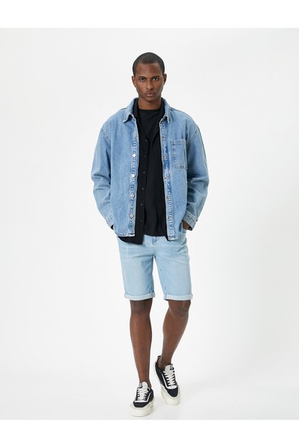 Ripped Denim Shorts Slim Fit Fold Detailed Buttoned Pocket