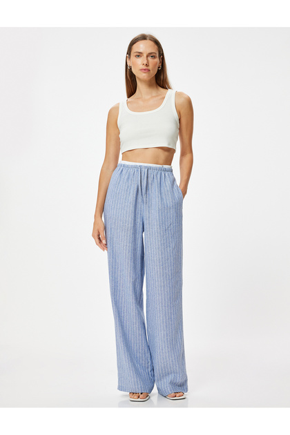 Linen Wide Leg Trousers - Loose Fit with Double Waist and Pockets