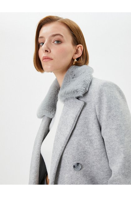 Stitched Coat Buttoned Double Breasted Removable Faux Fur Detailed Pocket