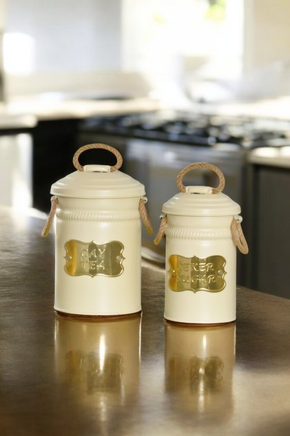 Metal Tea and Candy Storage Container Set with Gold Detail – Elegant Layout in the Kitchen