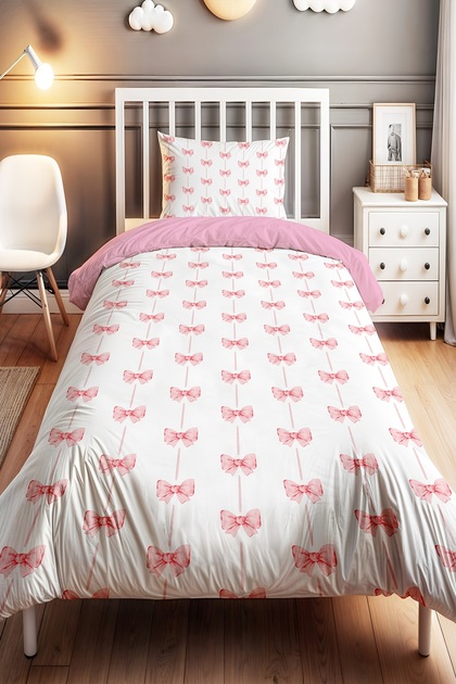 Pembe Şeritli Fiyonk Desenli Tek Kişilik Bebek Çocuk Nevresim Seti