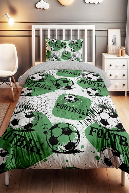 Green Black Football Balls Patterned Single Baby Kids Duvet Cover Set