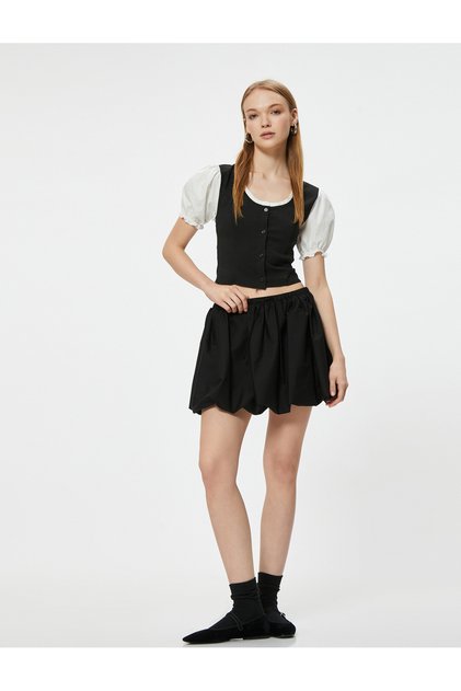 Color Blocked Slim Fit Balloon Sleeve Blouse - Buttoned
