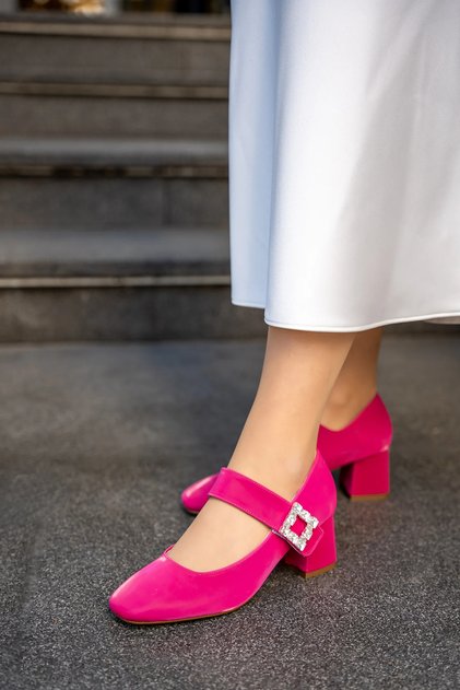 Wine Fuchsia Thick Heeled Velcro Stone Detailed Women's Heeled Shoes