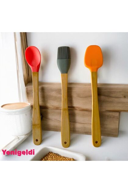3 Adet 21 cm Pastel Renk Bambu Saplı Mini Silikon Pişirme Seti, ( Kaşık,Fırça,Spatula)