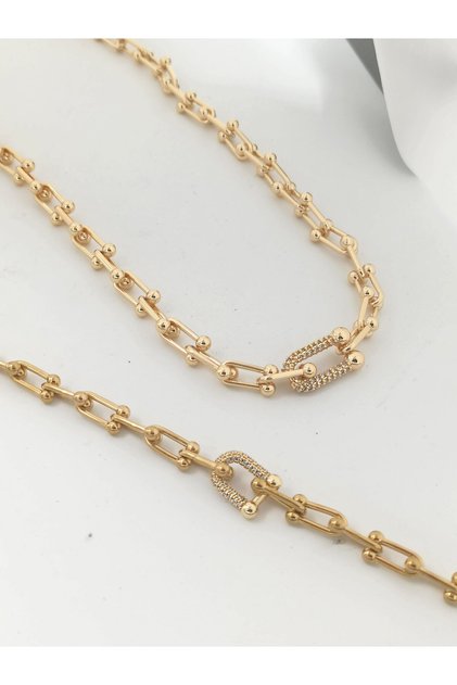 Paslanmaz Rodyum Kaplama Zirkon Taşlı Mıx Zincir Kolye & Bileklik Set - Gold-renk Atmaz Garantili