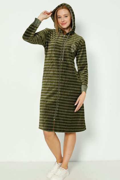Khaki Striped Hooded Embroidery Detailed Cotton Velvet Long-Sleeved Women's Dress