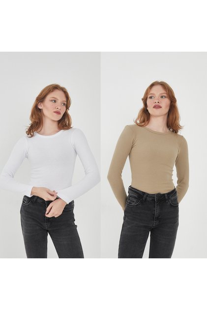 Women's 100% Cotton 2-Piece Crew Neck Long Sleeve Ribbed Blouse Set