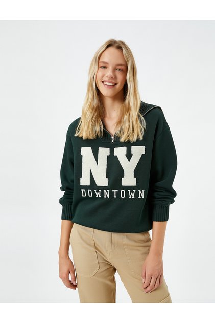 Şardonlu Oversize Kolej Sweatshirt Yarım Fermuarlı İşlemeli Ribanalı