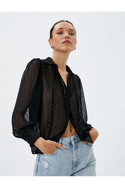 Transparent Chiffon Shirt Textured Balloon Sleeves with Tie Detail