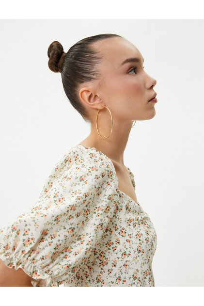 Mini Floral Dress Short Balloon Sleeve Viscous Fabric