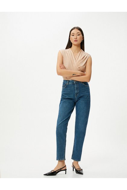 High Waist Mom Jeans with Flexible Pockets, Slim Fit Cotton - Slim Mom Jean