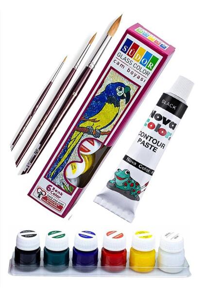 Cam Boyası 6 Renk 15 ml ve Siyah Kontur Boyası 1 Paket Fırça 3 Adet Cam Vitray Boyama Seti Cam Boyam