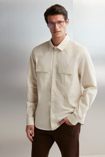 Kelvin Men's Woven Thick Textured Technical Look Stone Color Shirt with Flap Pockets