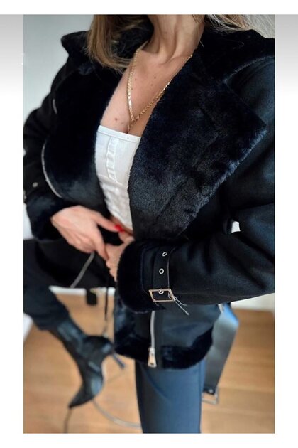 New Season Women's Belt Detailed Zr Leather Suede Coat Lq