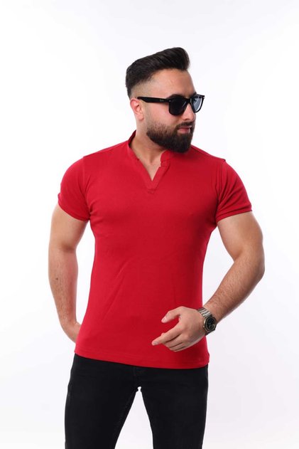 Kırmızı Renk Hakim Yaka Slim Fit Erkek T-Shirt