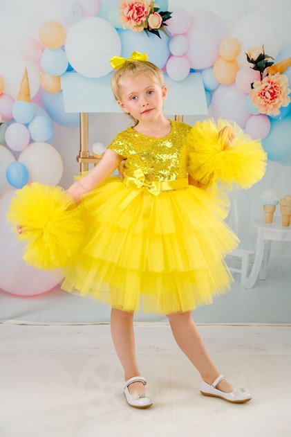 Girl's Yellow Buckle Pompom Sleeves Evening Dress Party Birthday Dress