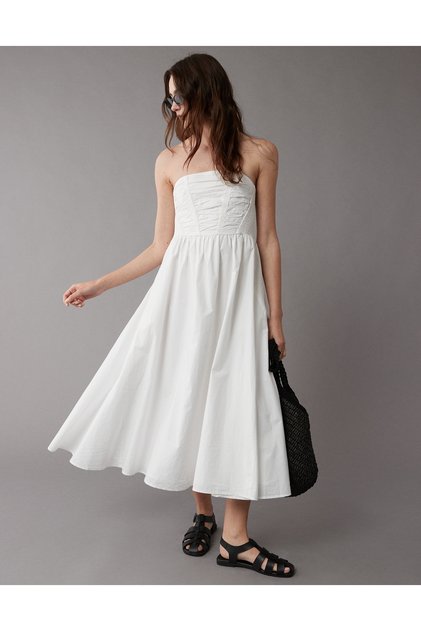 Ae Poplin Midi Dress - Strapless Ruched Fit