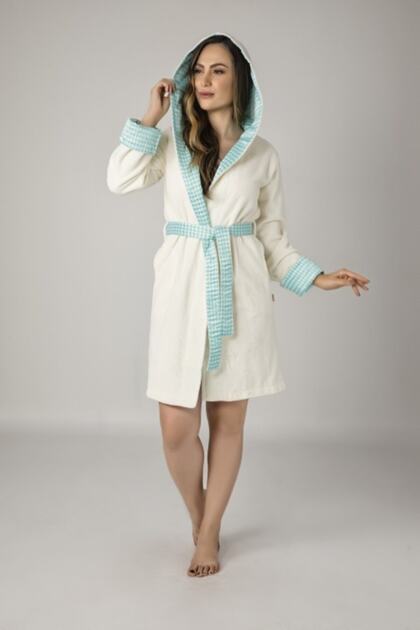 Women's Cream Collar Satin Poplin Short Hooded Bambo Cotton Bathrobe