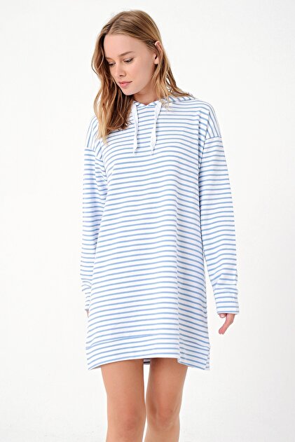 Trend Alaçatı Stili Kadın Mavi-Çizgili Kapşonlu Sweatshırt Elbise ALC-018-109-TE - 2