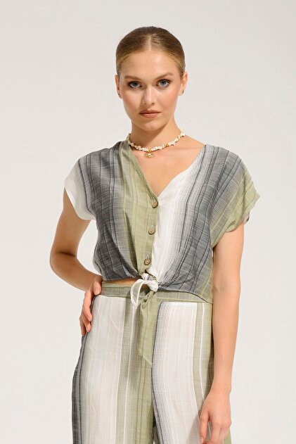 Batik Kadın Haki Çizgili Casual Kısa Kol Bluz Y42733 - 2